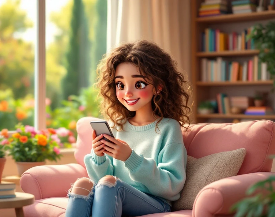 Young girl on a couch learning on her phone